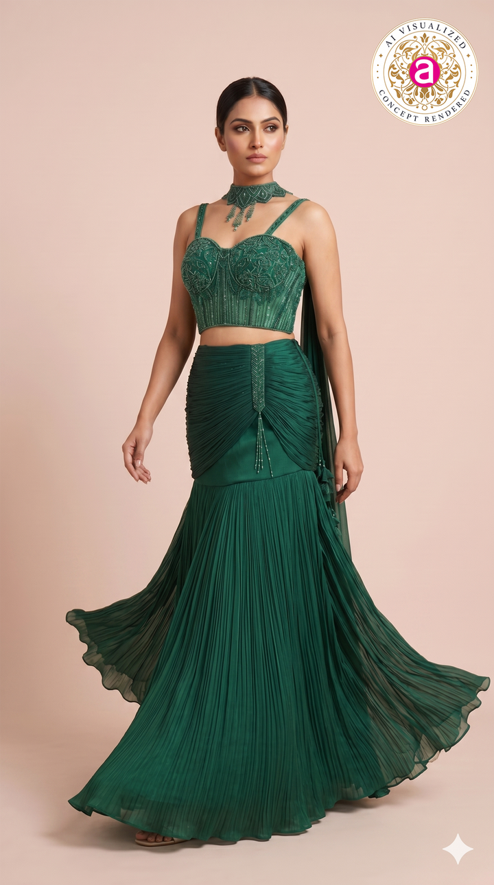 Emerald Green Designer Mermaid Lehenga Set with Embellished Crop Top