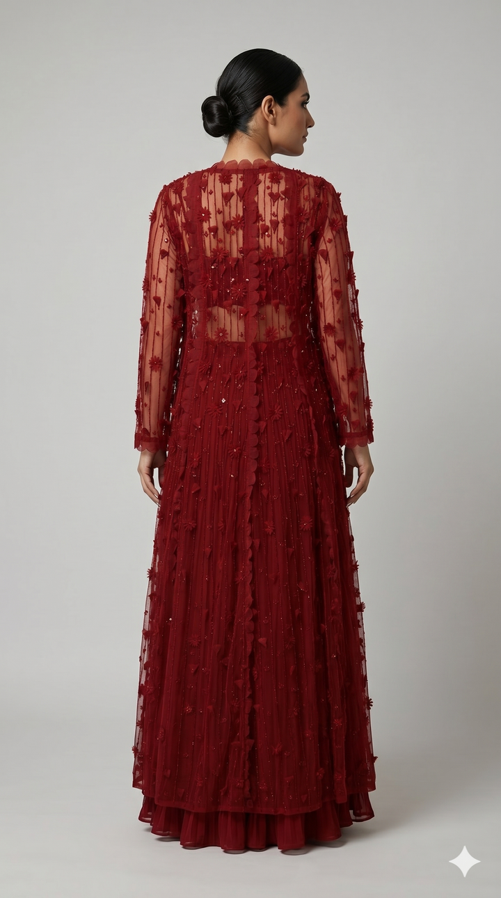 Ruby Red Embroidered Lehenga Set with Sheer Cape Jacket