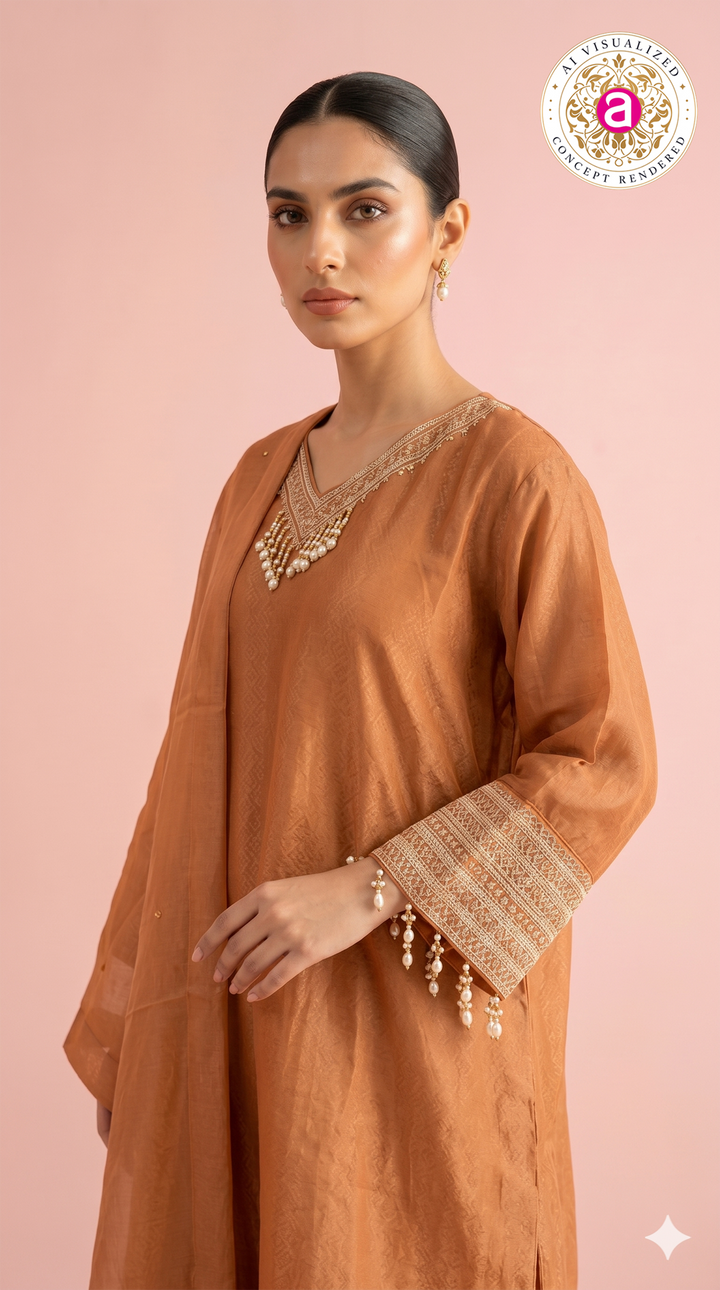 Rust Orange Kaftan Style Kurta Palazzo Set with Dupatta
