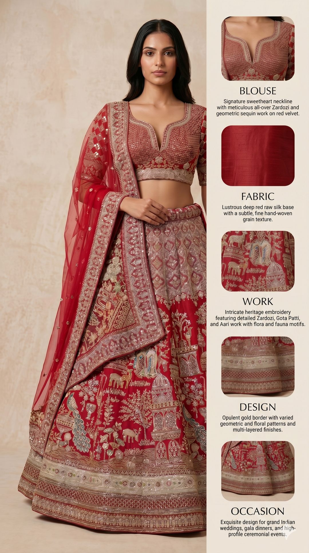 Royal Crimson Red Bridal Lehenga Set with Heritage Zari Embroidery & Designer Net Dupatta