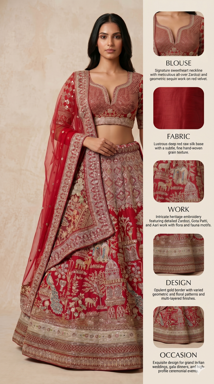Royal Crimson Red Bridal Lehenga Set with Heritage Zari Embroidery & Designer Net Dupatta
