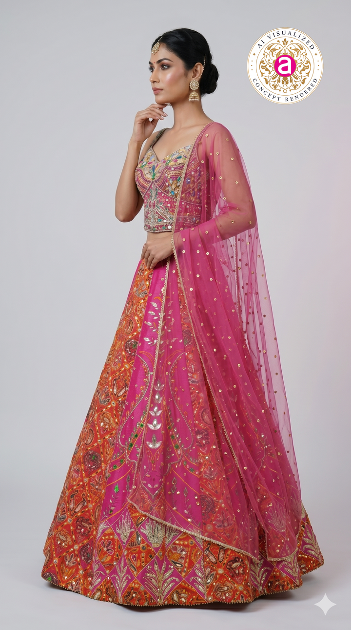 Rani Pink & Orange Embroidered Lehenga Set with Multicolor Blouse & Net Dupatta