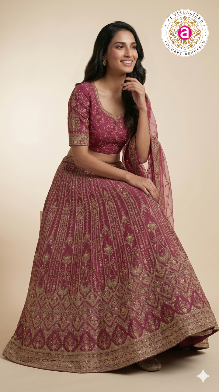 Royal Magenta Bridal Lehenga Set with Intricate Zari Embroidery & Net Dupatta