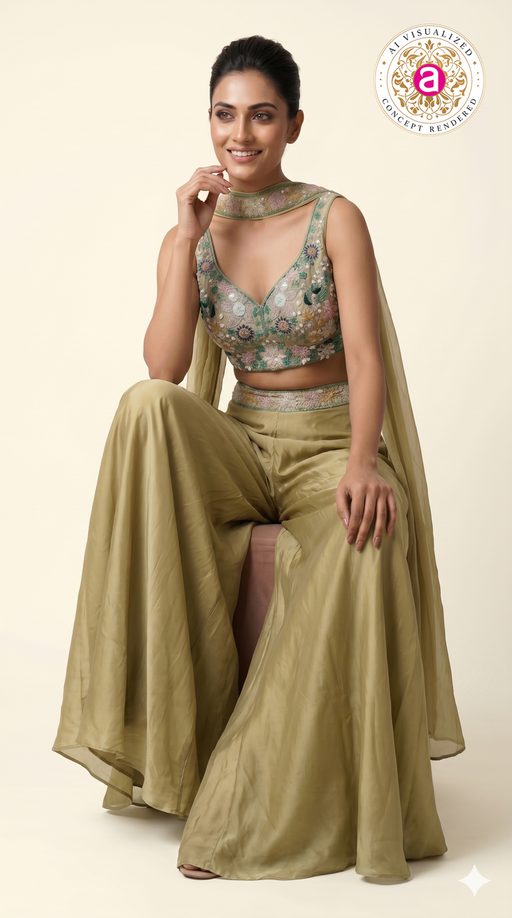 Sage Gold Embroidered Crop Top with Palazzo Pants & Cape Dupatta Set