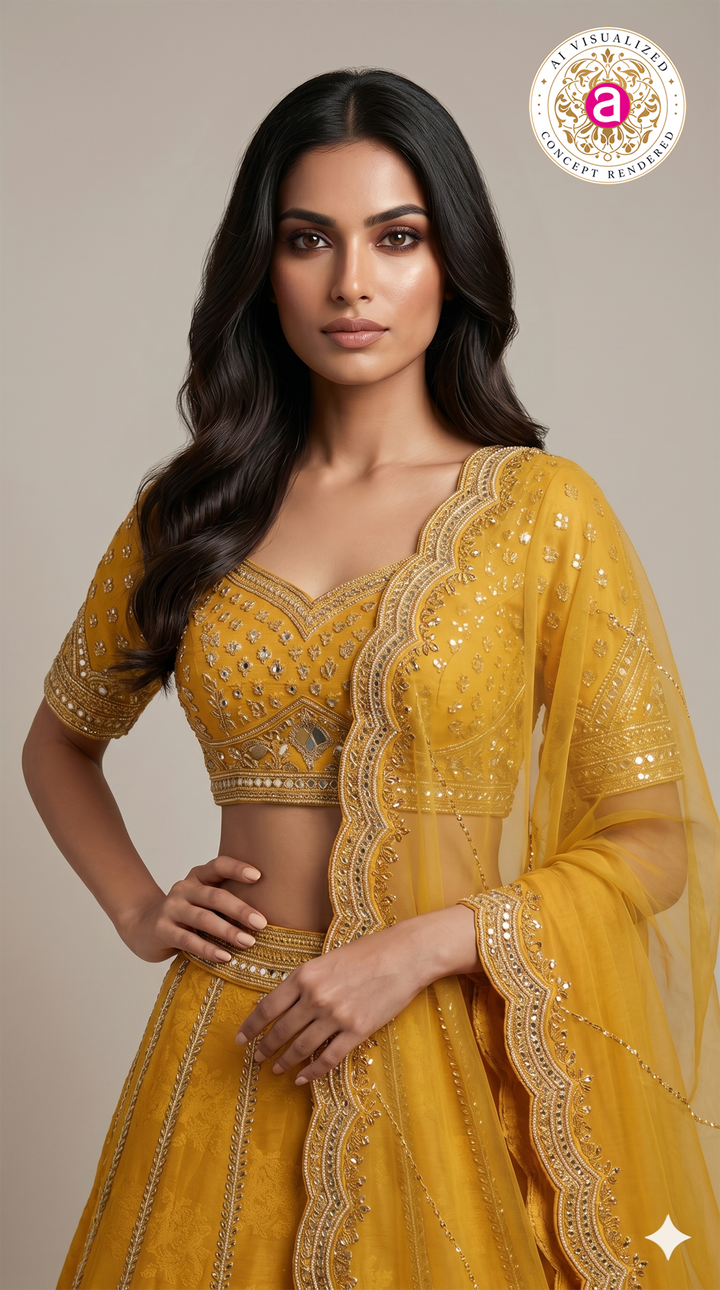 Mustard Yellow Designer Embroidered Lehenga Set with Organza Dupatta