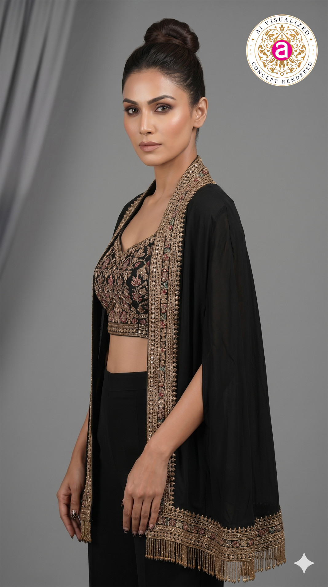 Black Embroidered Indo-Western Co-Ord Set with Cape Jacket