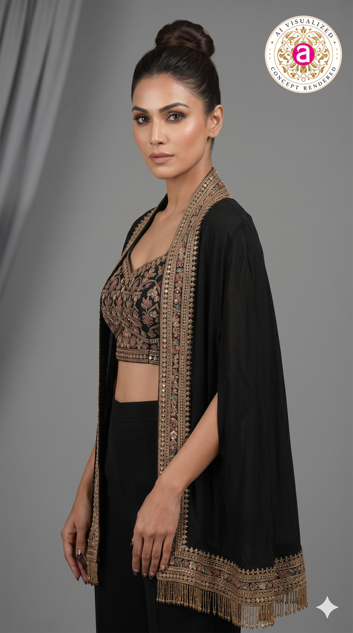 Black Embroidered Indo-Western Co-Ord Set with Cape Jacket