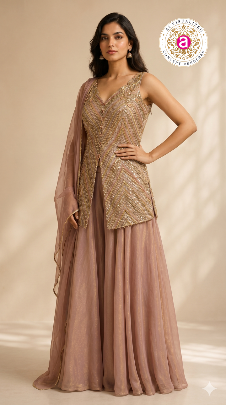 Dusty Rose Embellished Sharara Set with Embroidered Jacket