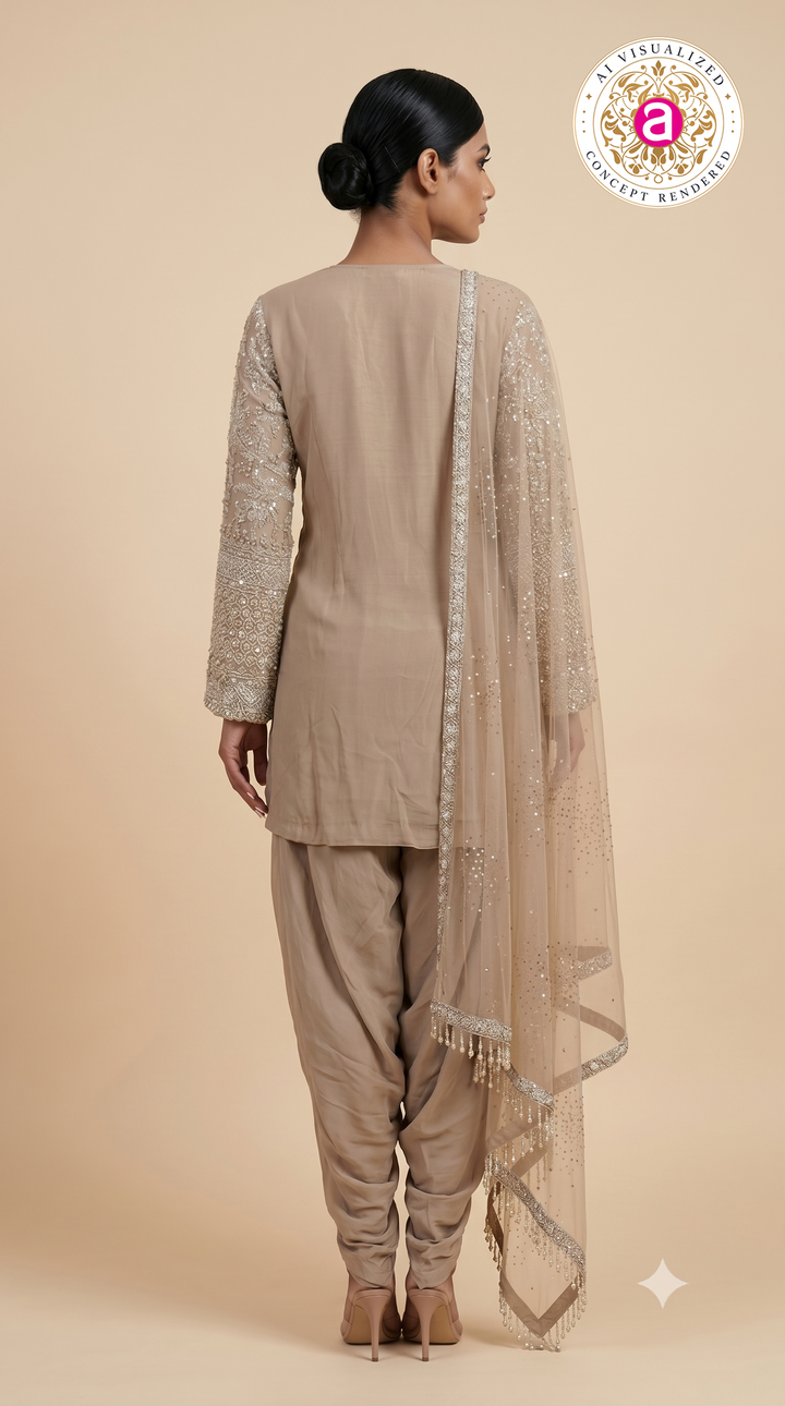Taupe Beige Heavily Embroidered Patiala Suit Set