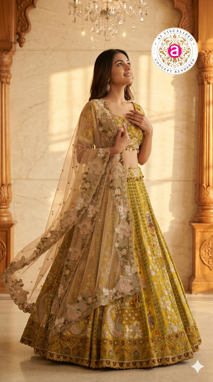 Mustard Yellow Designer Lehenga Set with Embroidered Blouse and Net Dupatta