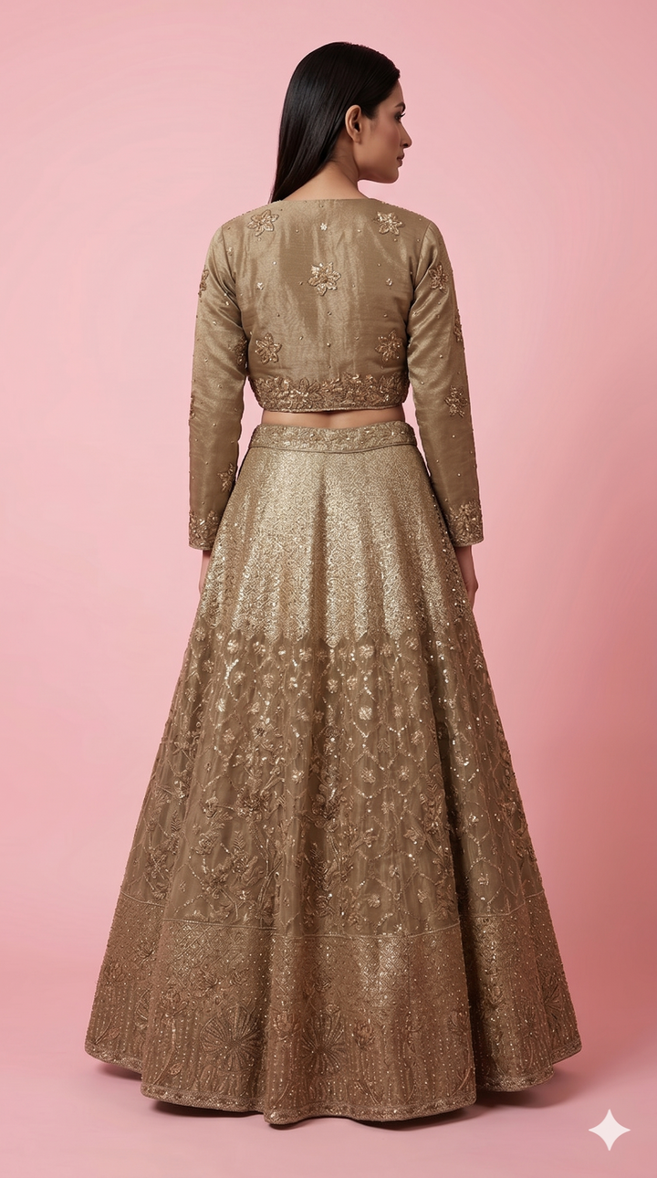 Champagne Gold Embroidered Lehenga Set with Designer Jacket