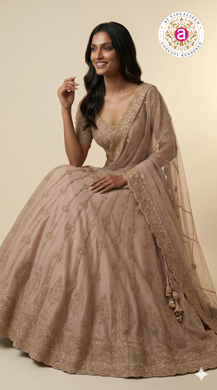 Champagne Beige Designer Bridal Lehenga Set with Heavy Zari Embroidery & Net Dupatta