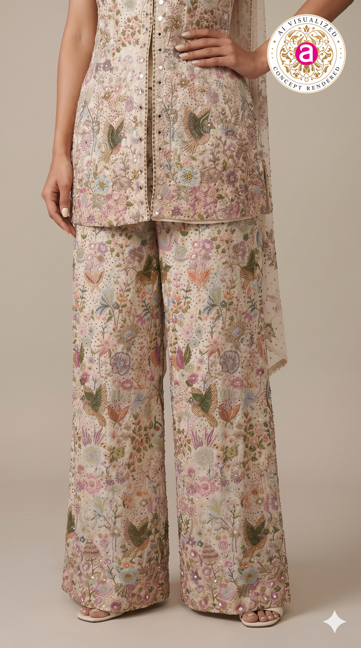 Ivory Floral Printed Indo-Western Co-Ord Set with Embroidered Waistcoat
