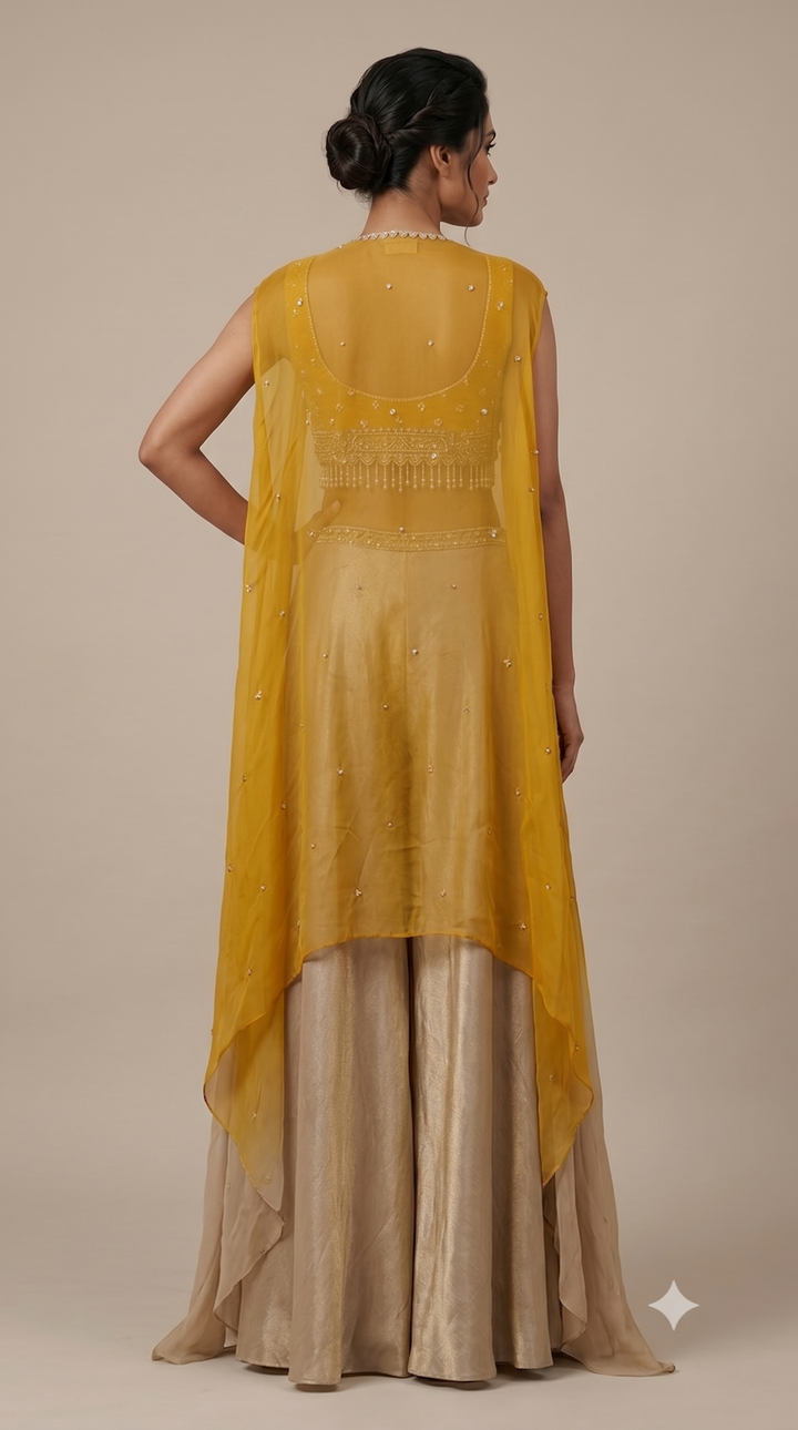 Mustard Yellow Cape Style Palazzo Set with Embellished Blouse