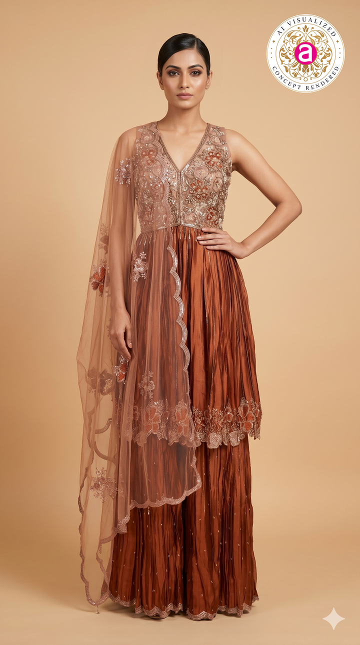 Rust Copper Embroidered Sharara Set with Floral Cape Dupatta