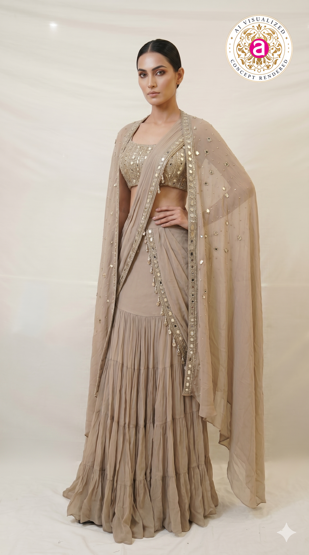 Taupe Mirror Embellished Ready-to-Wear Saree with Cape Dupatta