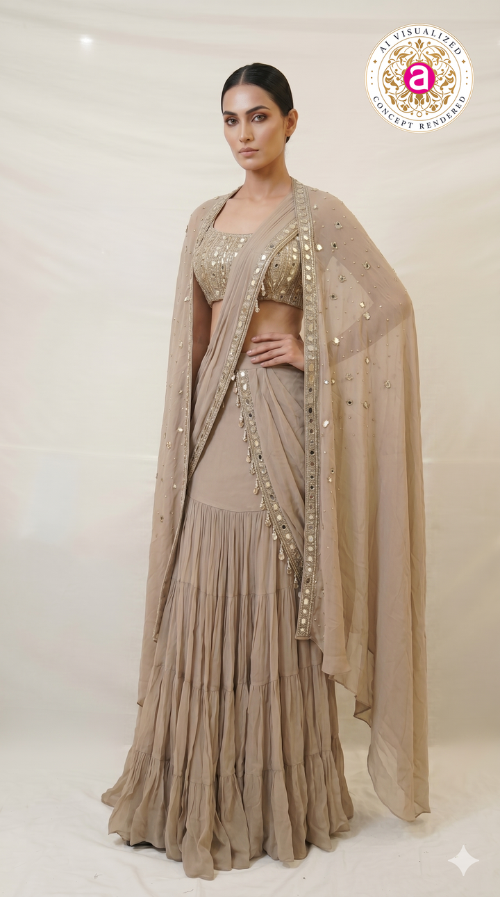 Taupe Mirror Embellished Ready-to-Wear Saree with Cape Dupatta