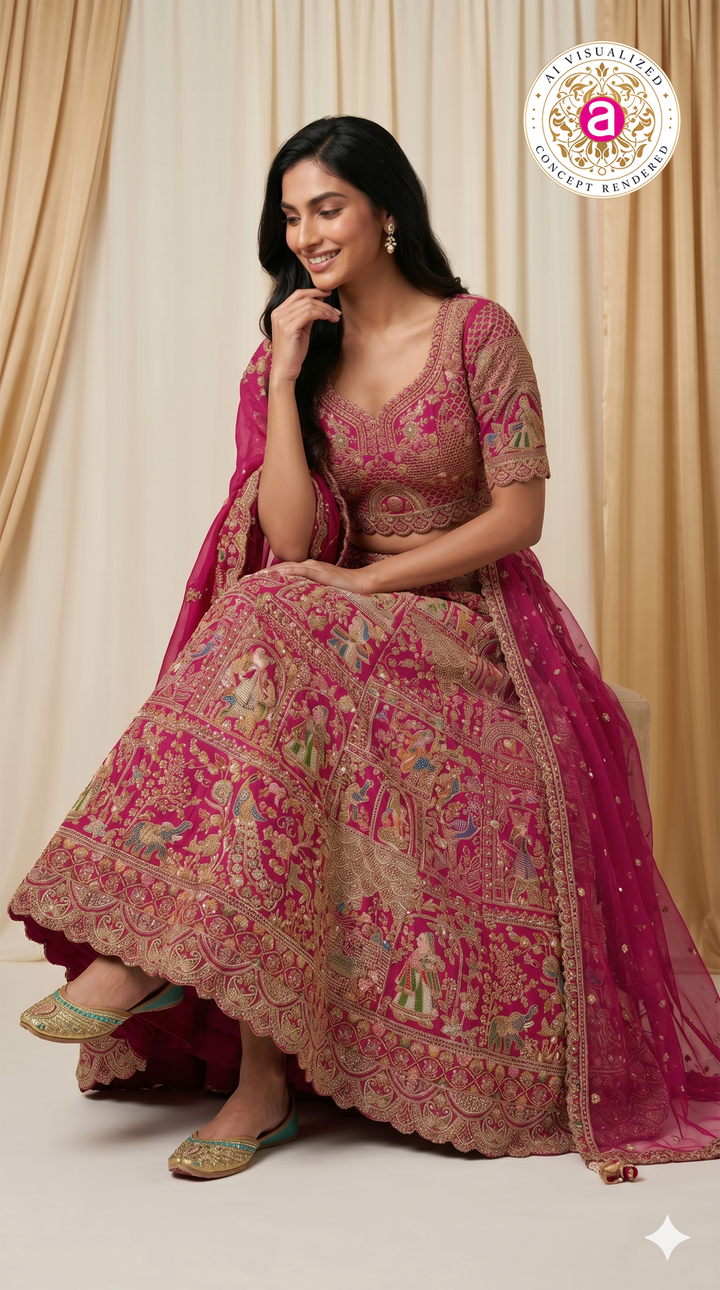 Rani Pink Royal Bridal Lehenga Set with Heritage Motif Embroidery & Designer Net Dupatta
