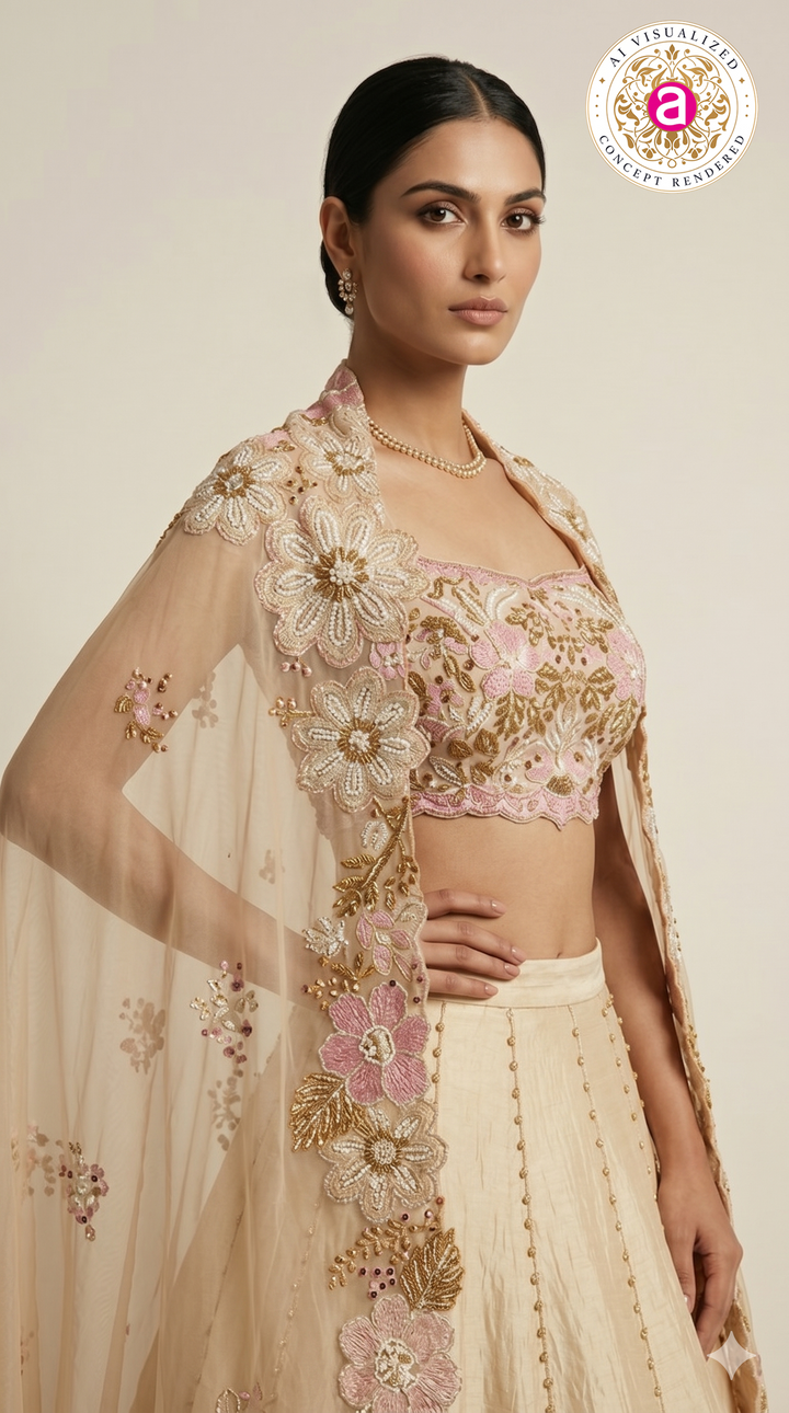 Ivory Floral Embroidered Lehenga Set with Statement Dupatta