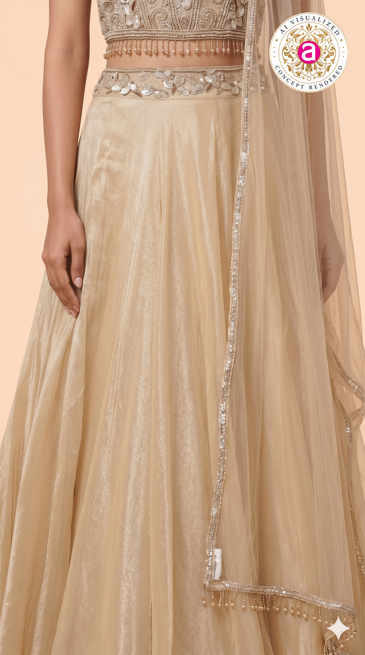 Champagne Gold Embellished Lehenga Set with Sheer Net Dupatta
