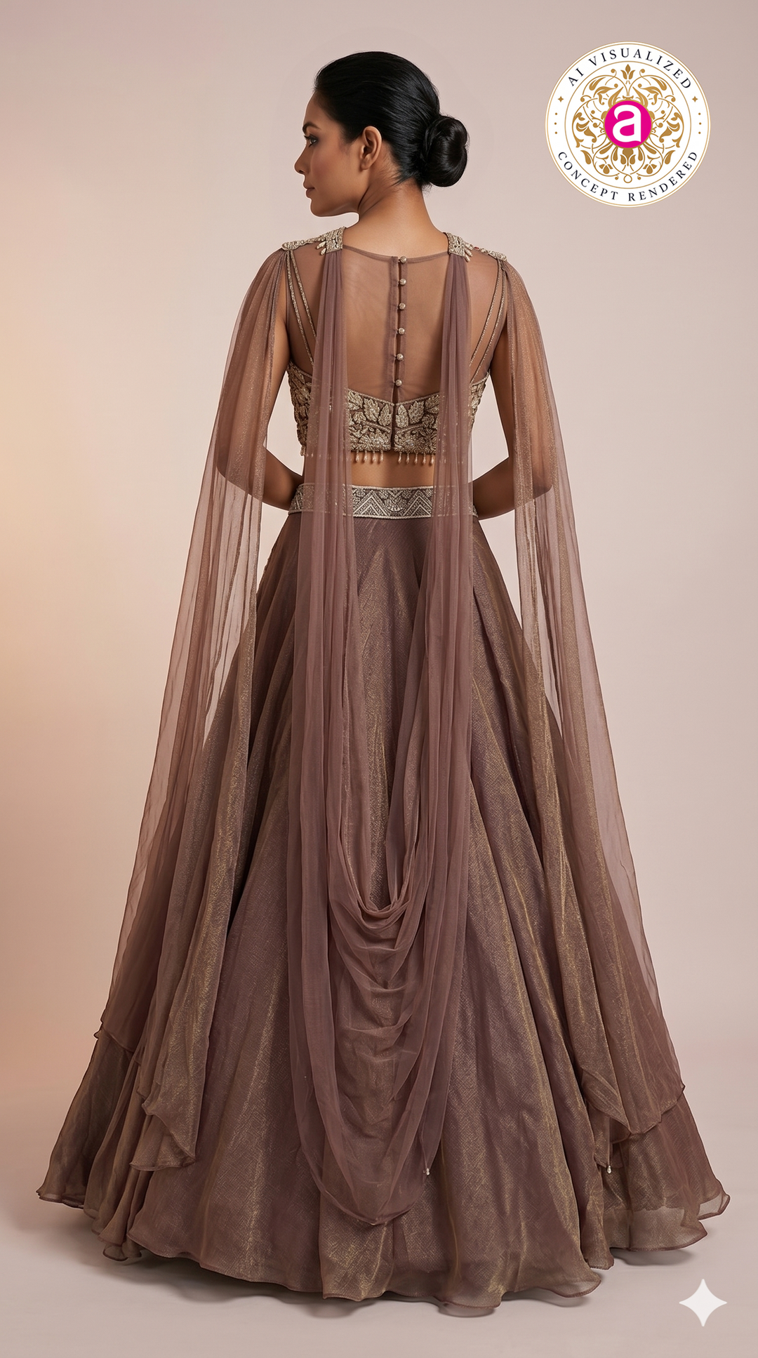 Mocha Brown Designer Lehenga Set with Floral Embroidery & Sheer Cape Dupatta