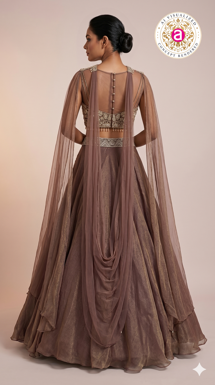 Mocha Brown Designer Lehenga Set with Floral Embroidery & Sheer Cape Dupatta
