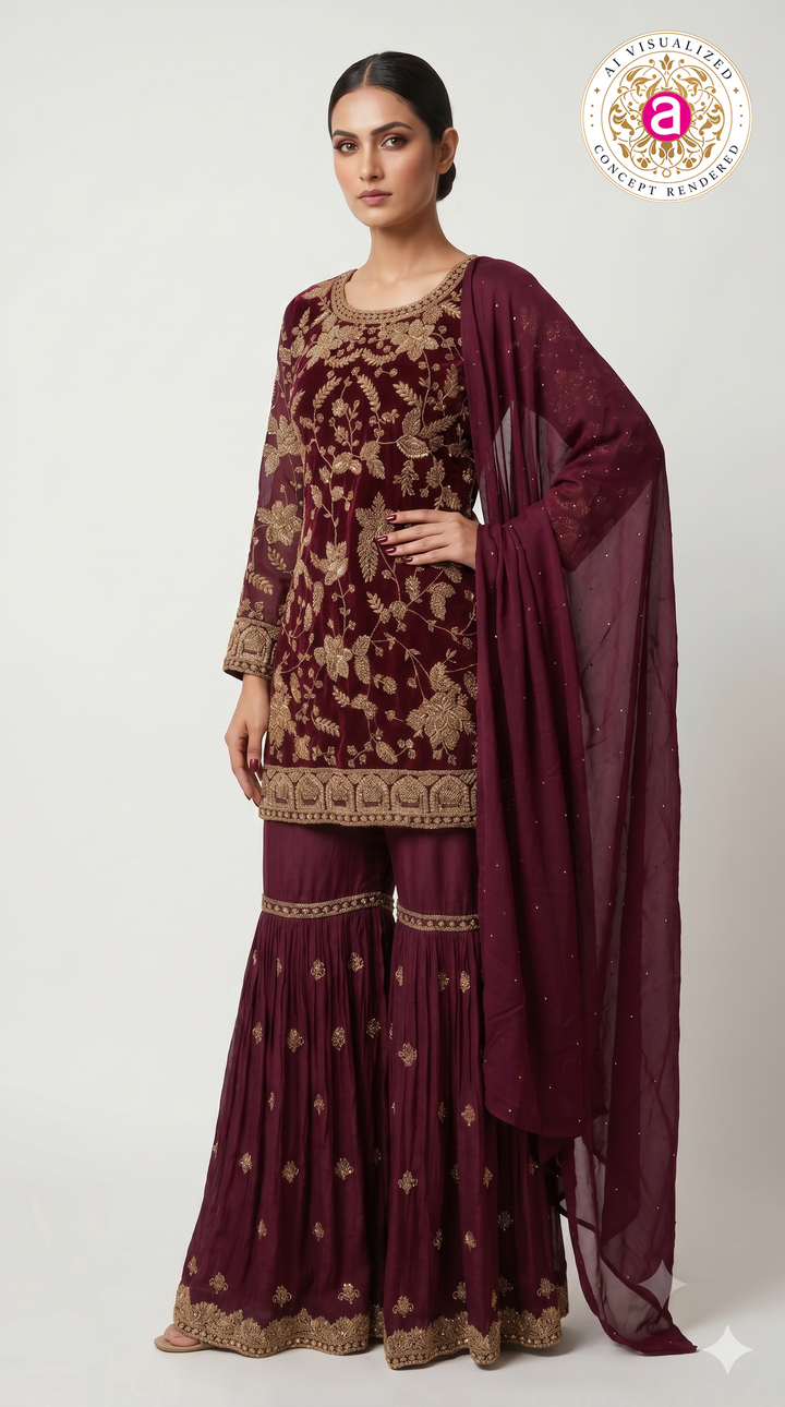 Deep Wine Embroidered Kurta Sharara Set with Dupatta