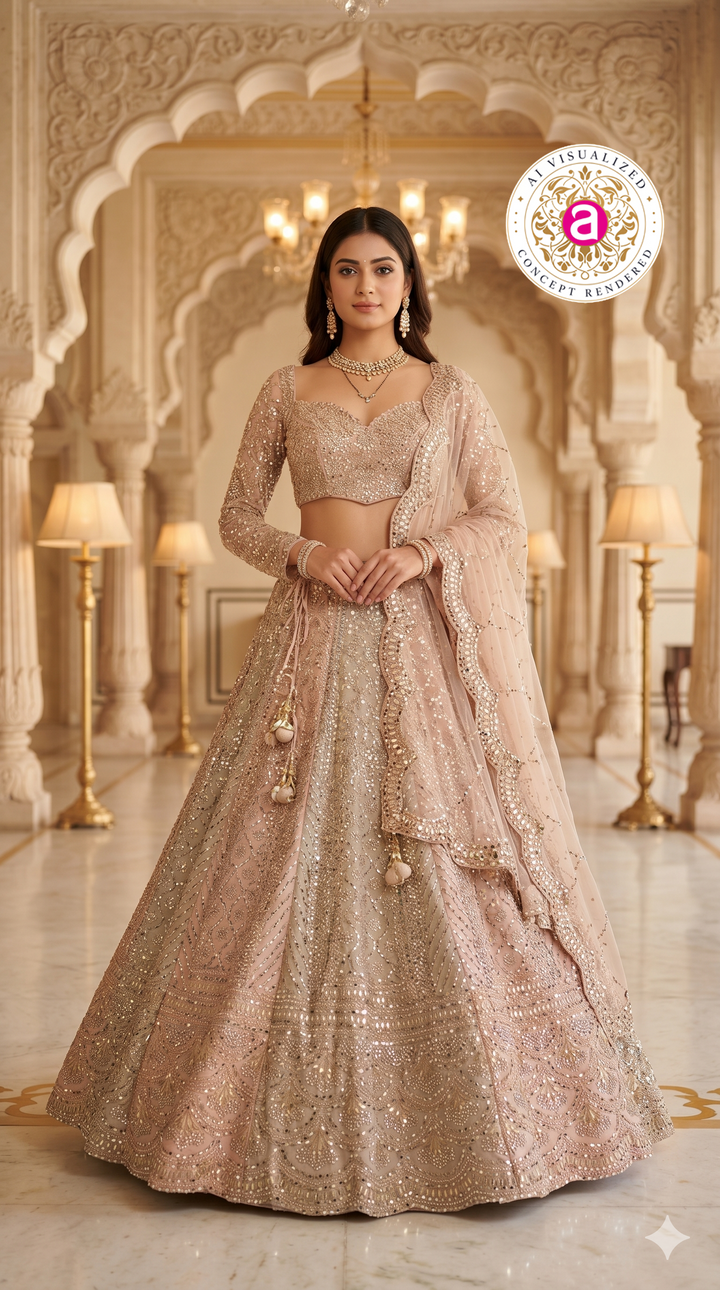 Blush Beige Designer Lehenga Set with Embellished Blouse and Net Dupatta