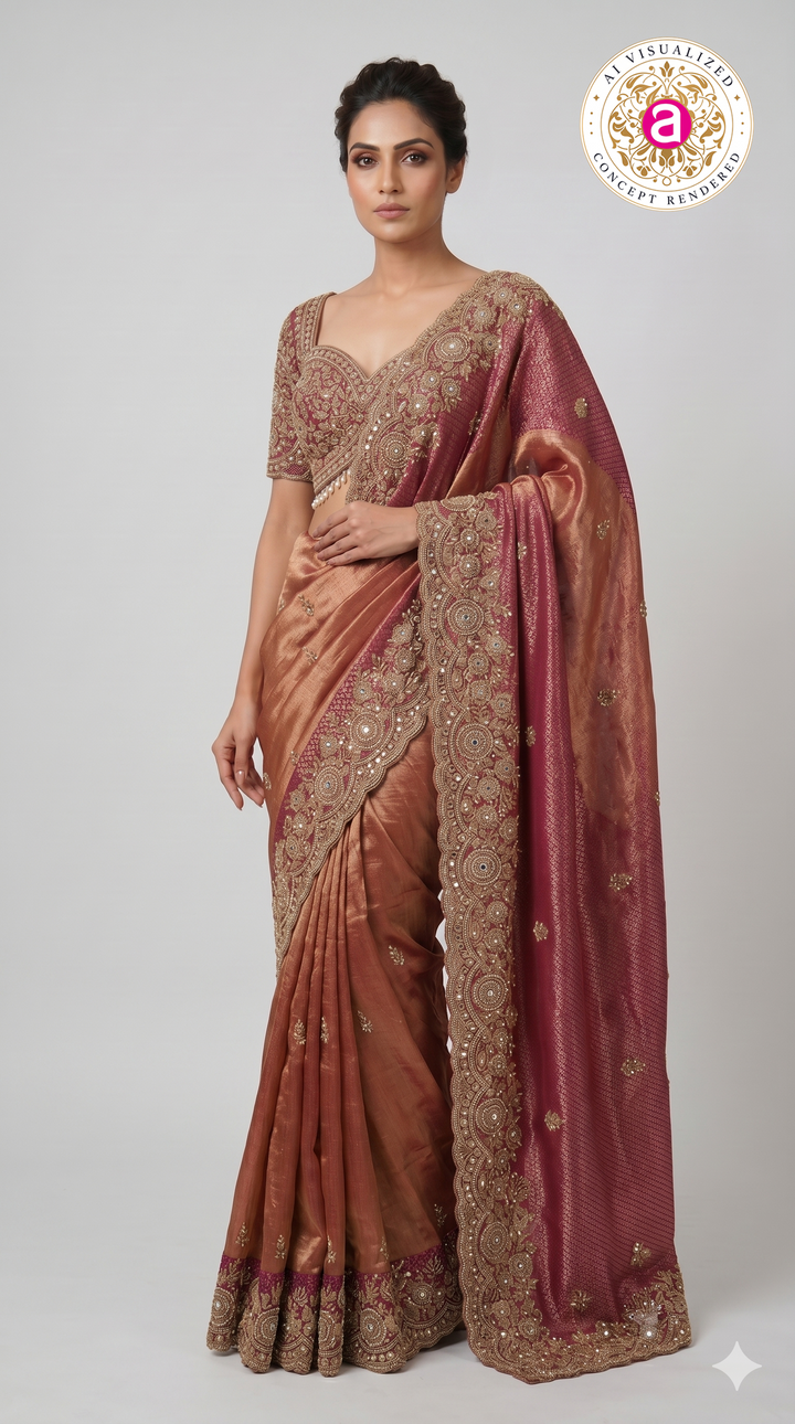 Rose Gold Tissue Saree with Wine Embroidered Border