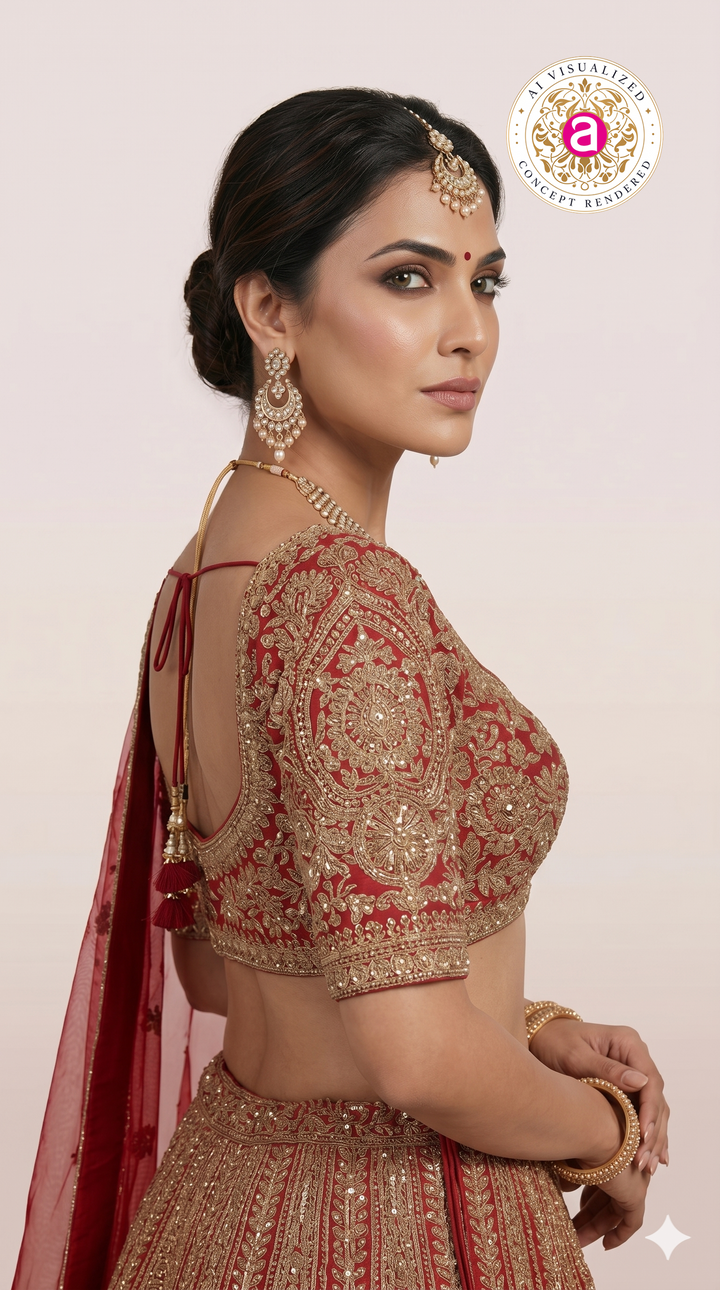Bridal Red Zari Embroidered Lehenga Choli with Heritage Motifs & Dupatta
