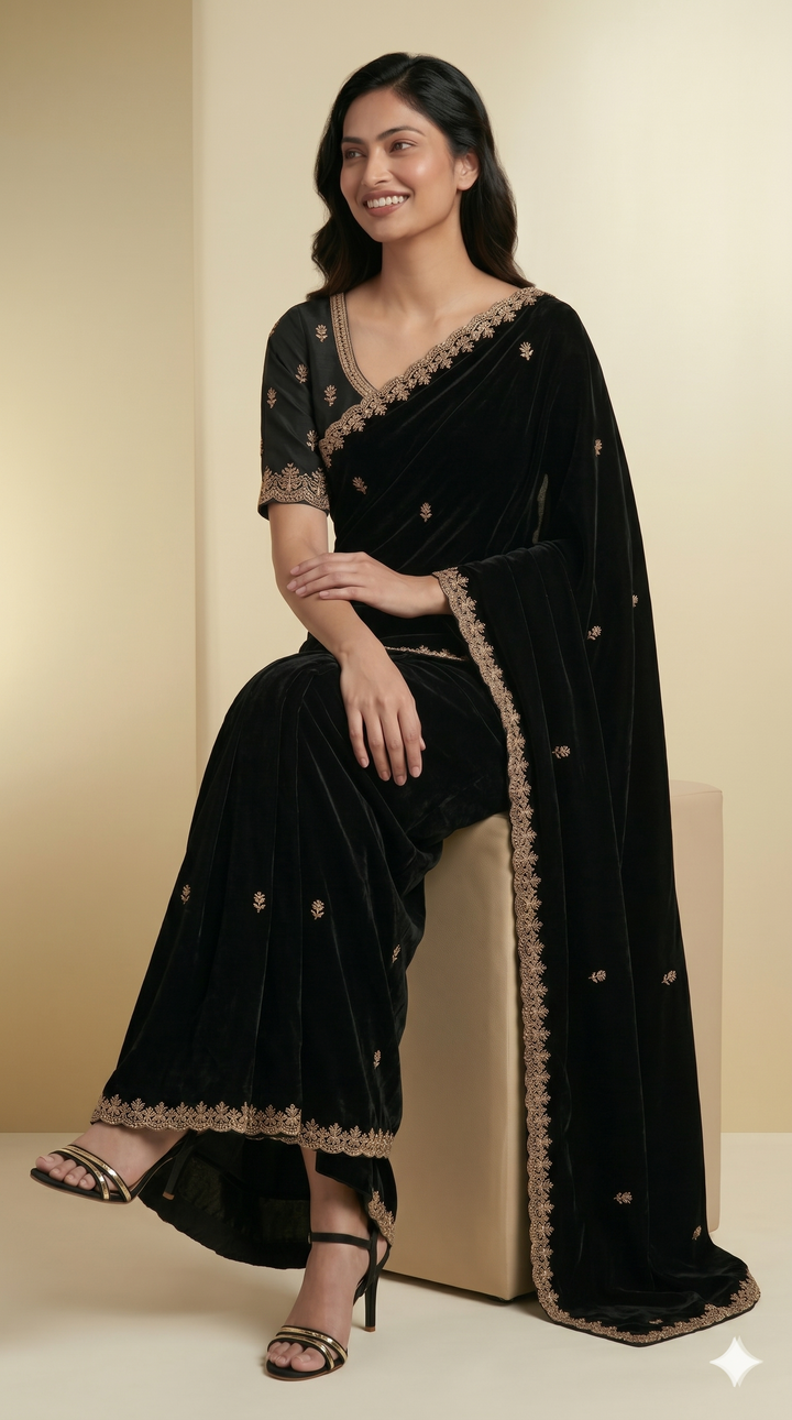 Black Pure Chinon Handwork Saree with Zardosi, Beads & Pearl Work