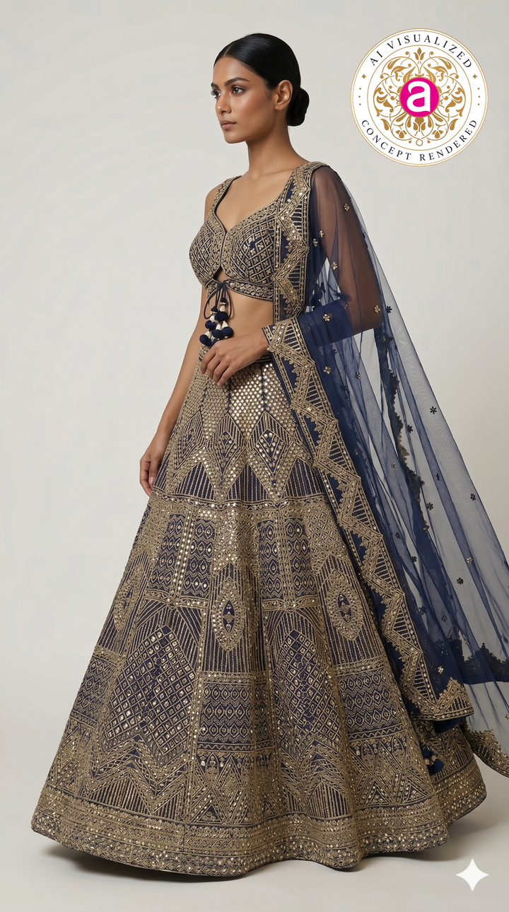 Royal Navy Blue Heavy Embroidered Designer Lehenga Choli with Net Dupatta