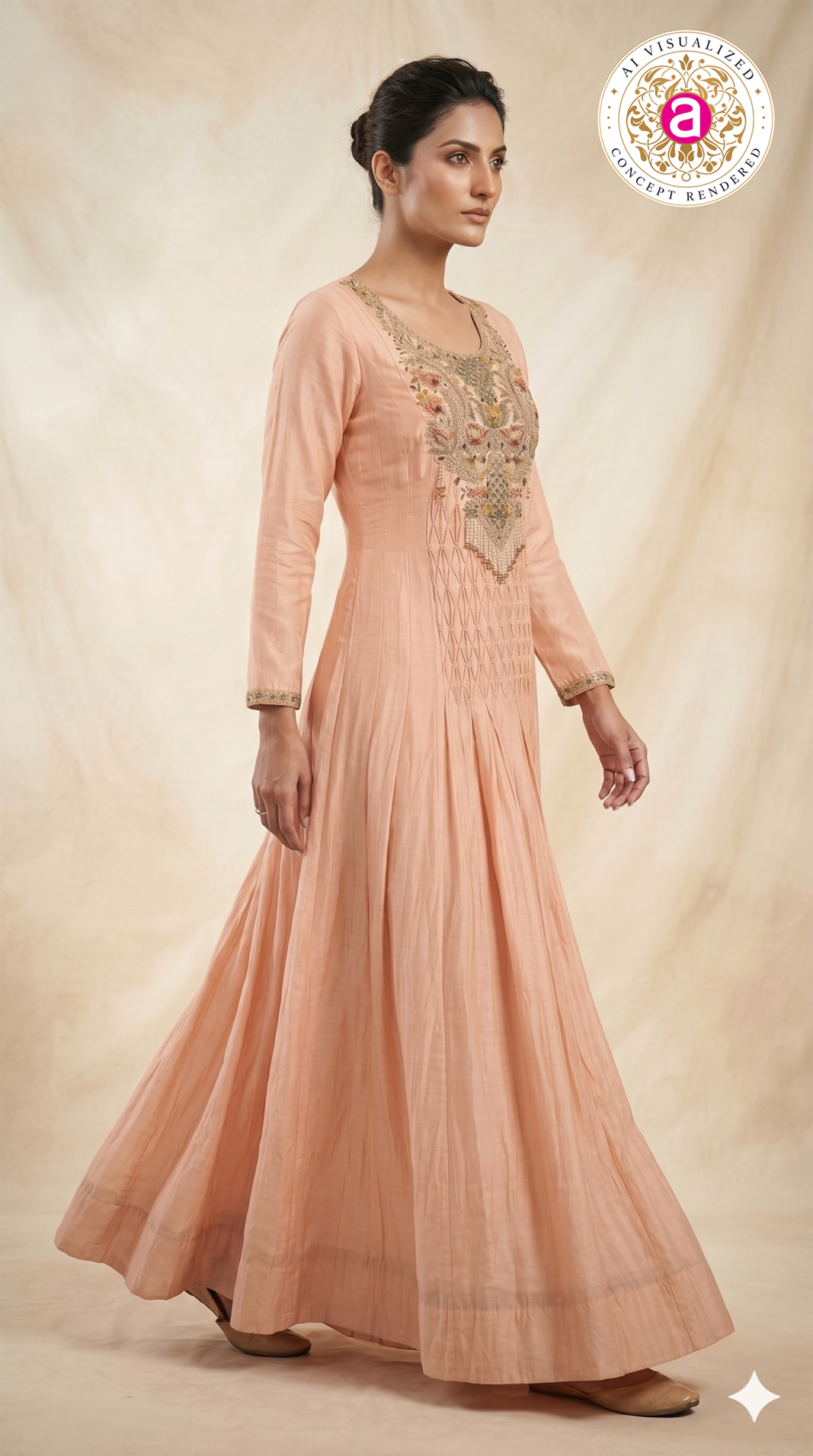 Peach Floral Embroidered Anarkali Gown