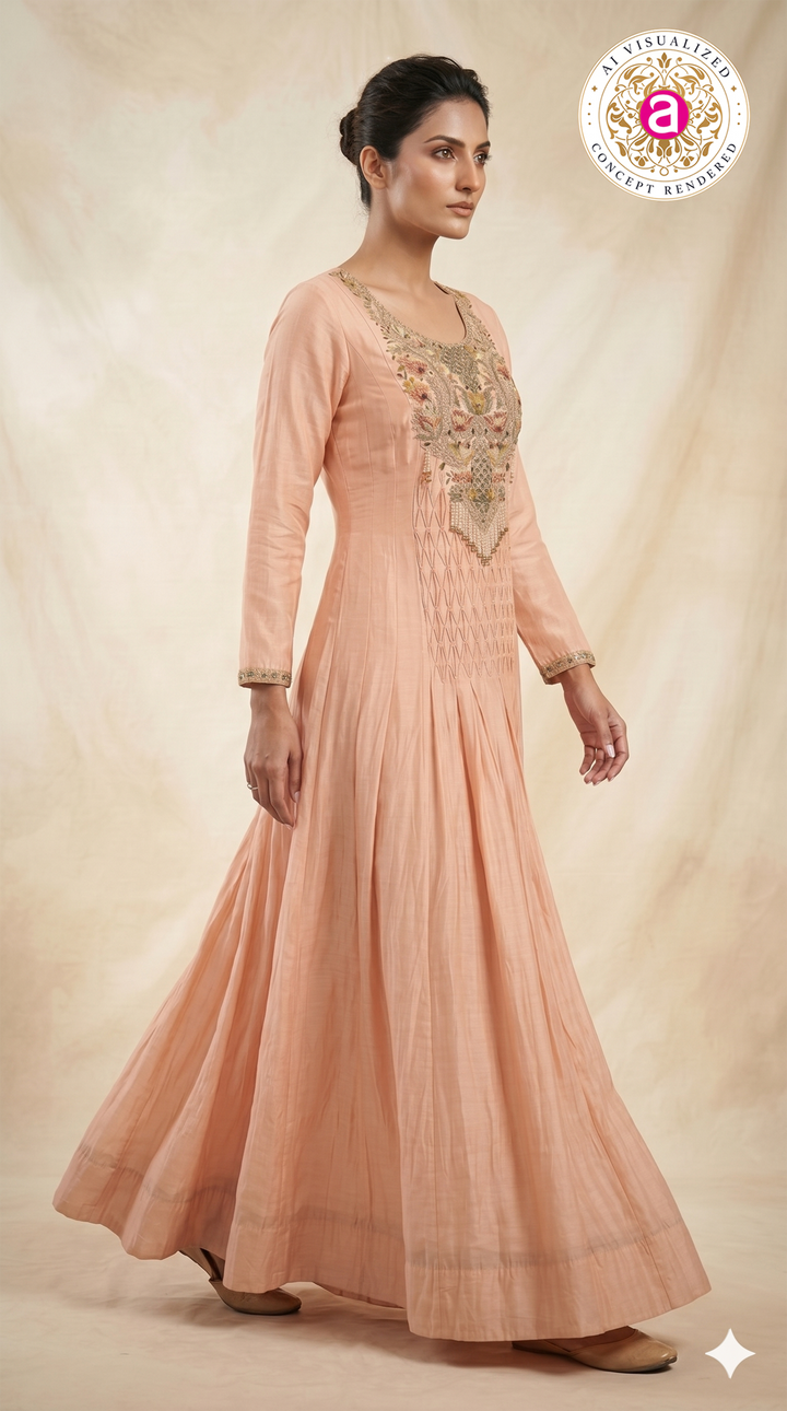 Peach Floral Embroidered Anarkali Gown