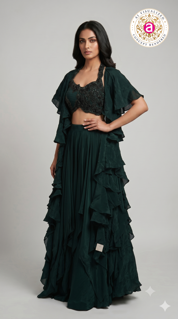 Emerald Green Ruffle Designer Lehenga Set with Embellished Blouse & Cape Jacket
