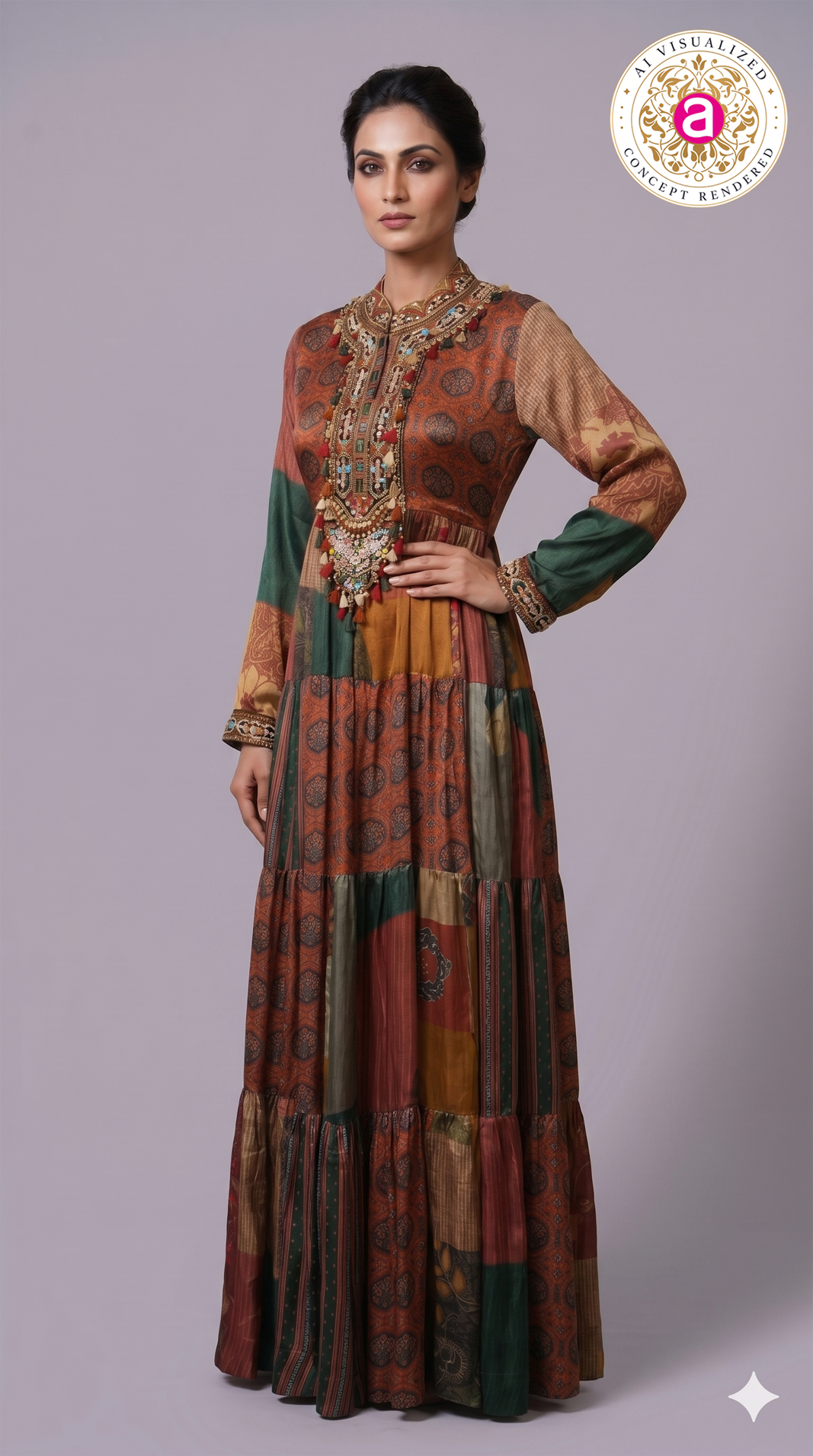Multicolour Patchwork Printed Tiered Maxi Dress with Statement Embellished Neckline