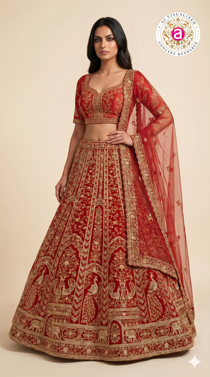 Royal Bridal Red Designer Lehenga Set with Heavy Zari Embroidery & Net Dupatta