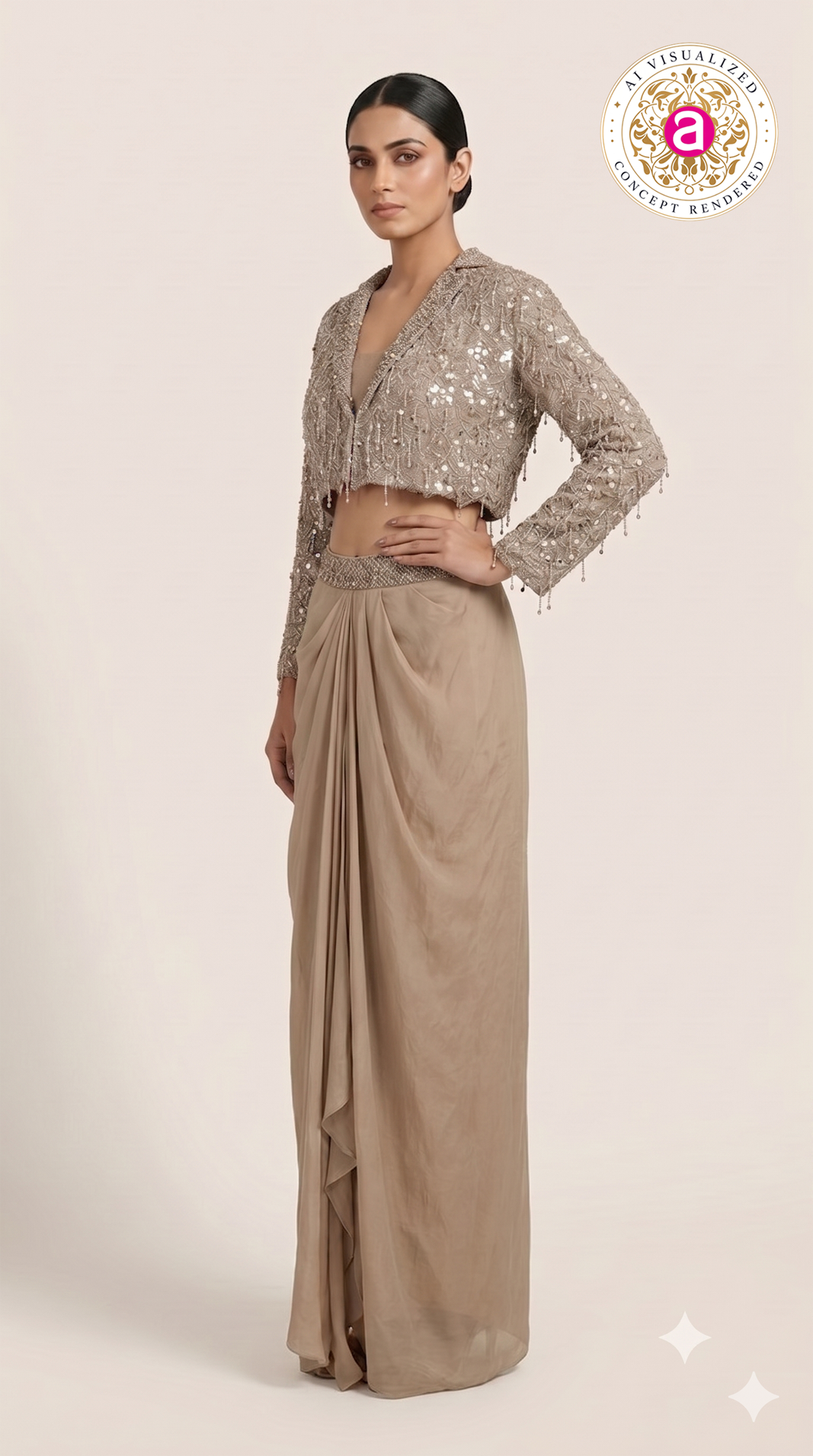 Champagne Beige Embroidered Lehenga Set with Jacket