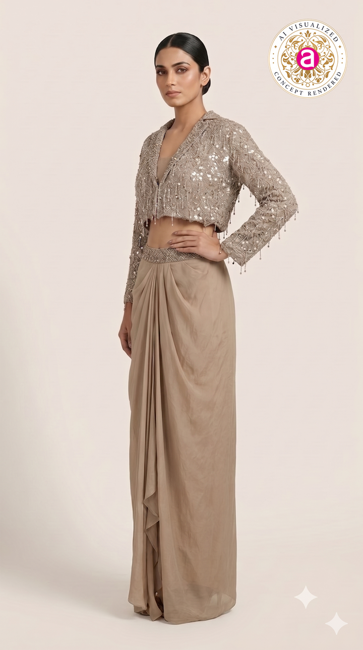Champagne Beige Embroidered Lehenga Set with Jacket