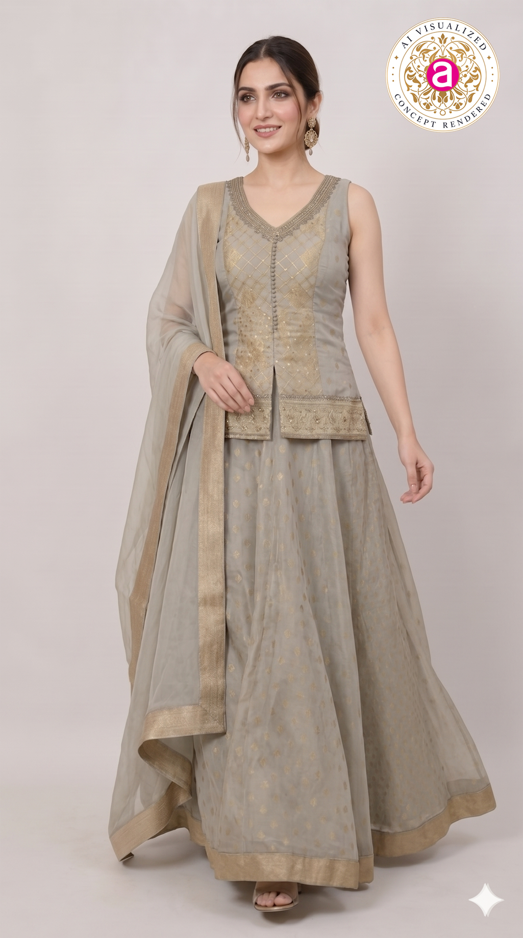 Silver Grey Jacquard Lehenga Set with Embroidered Jacket & Dupatta