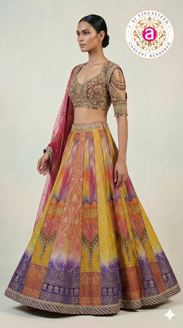 Multicolour Woven Designer Lehenga Choli with Heavy Embroidered Blouse & Pink Net Dupatta