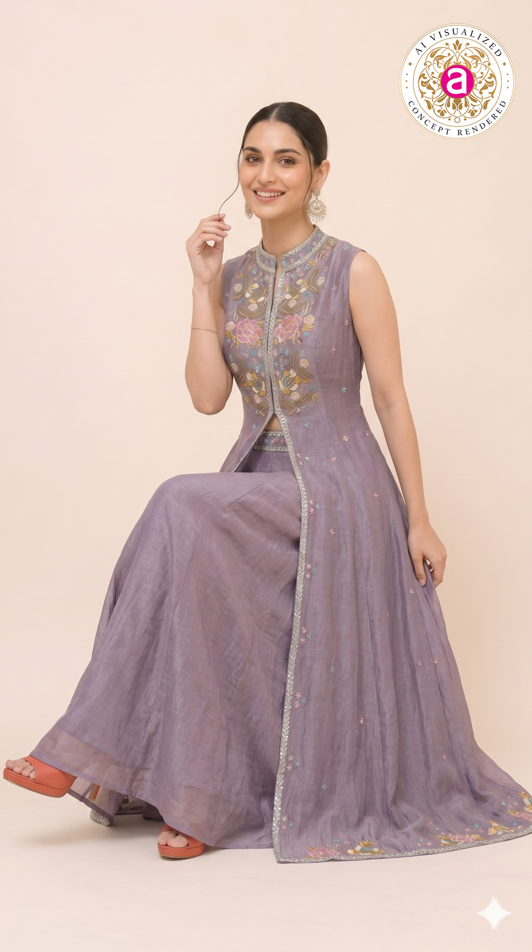 Lavender Embroidered Skirt Set with Jacket Style Anarkali