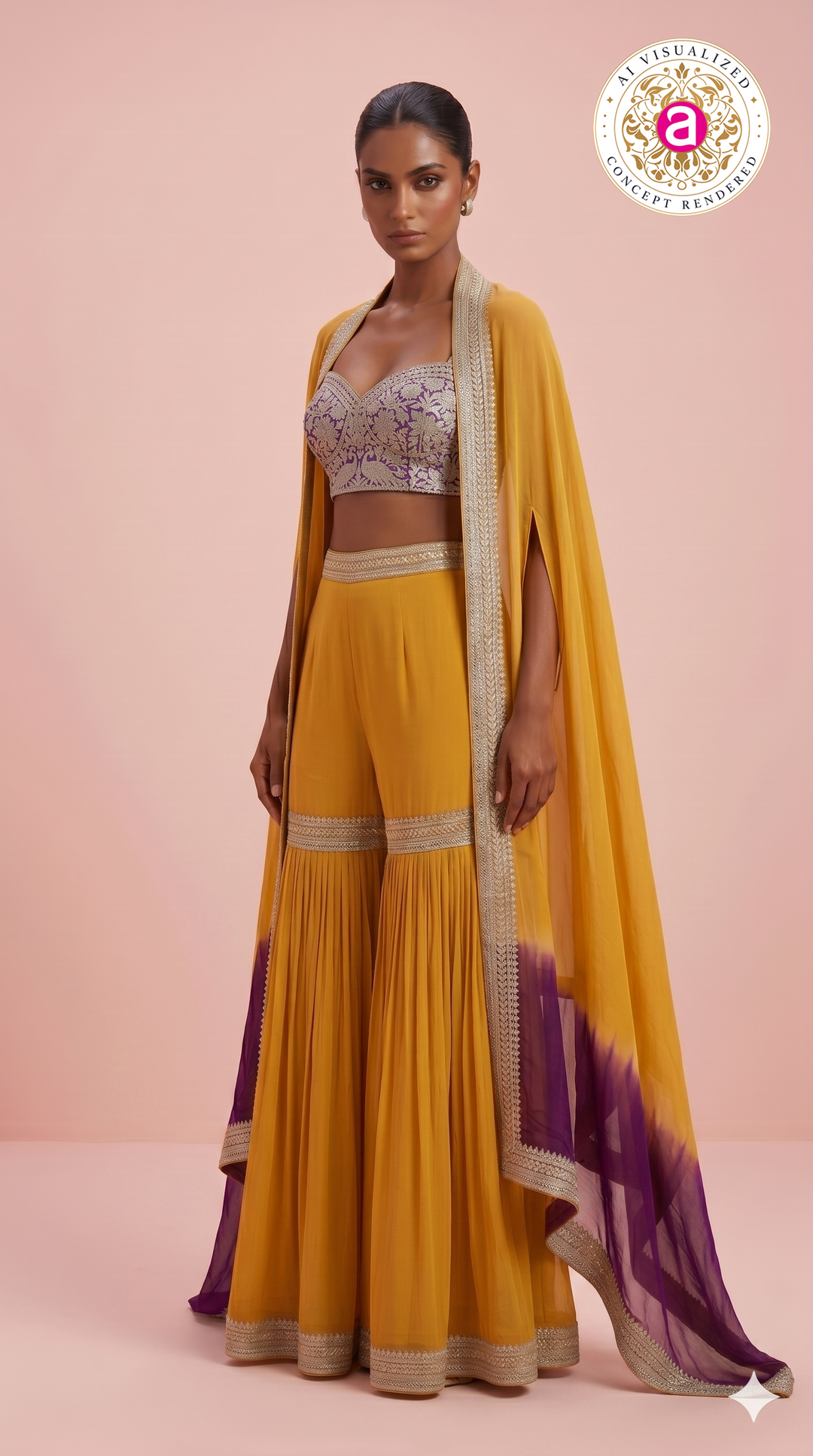 Mustard Yellow Indo-Western Sharara Set with Embroidered Cape Dupatta