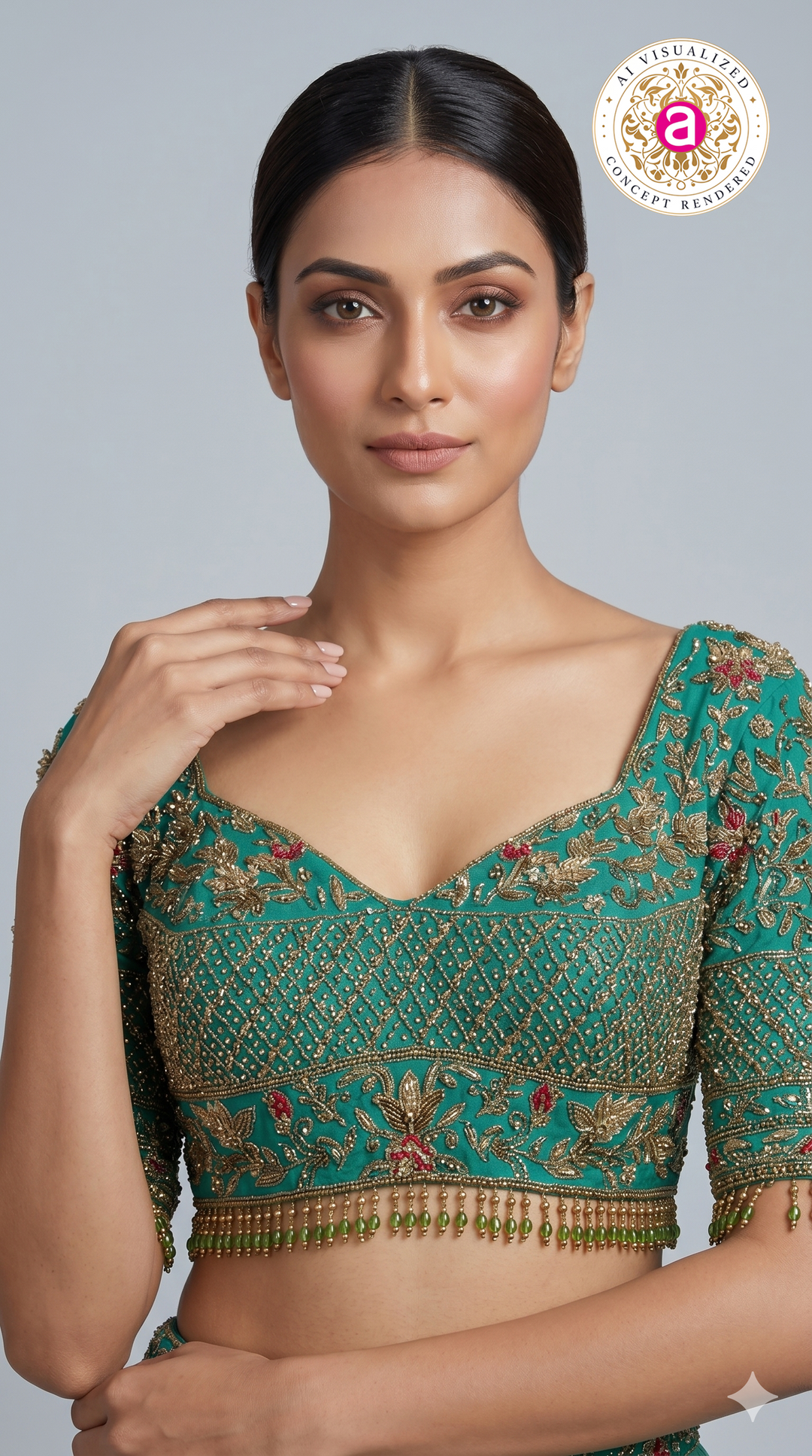 Teal Green Embroidered Crop Top with Pleated Lehenga Skirt