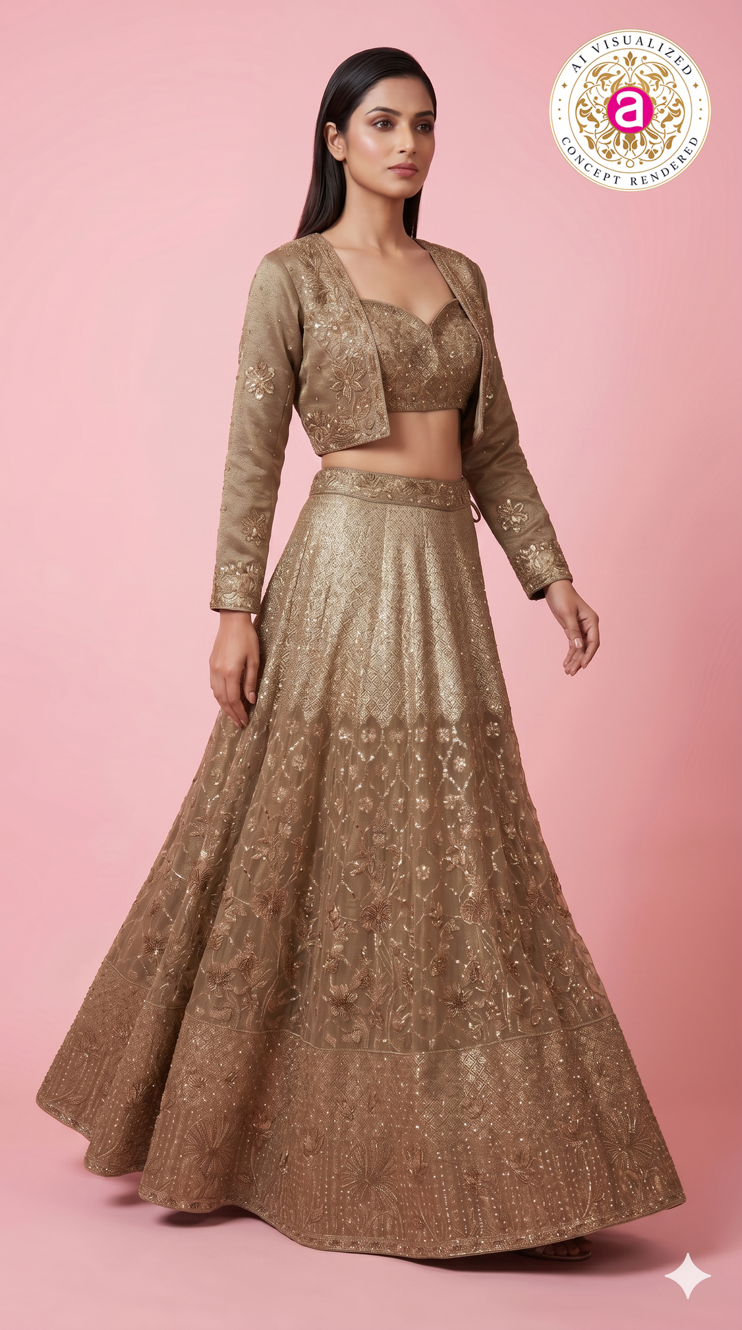 Champagne Gold Embroidered Lehenga Set with Designer Jacket