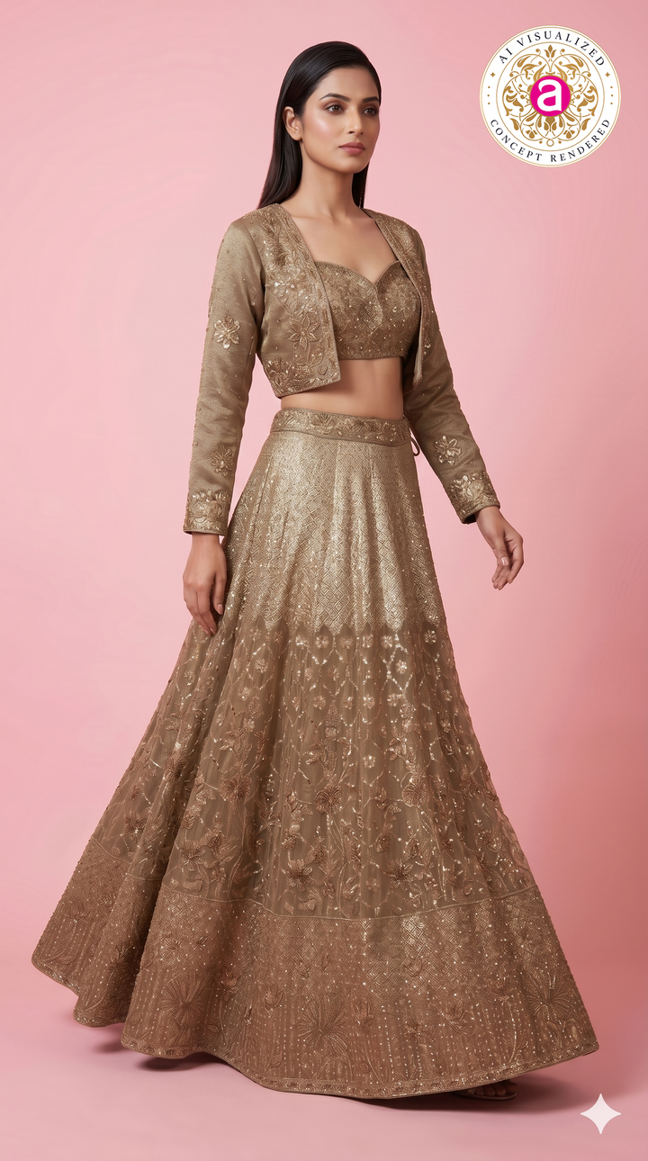 Champagne Gold Embroidered Lehenga Set with Designer Jacket