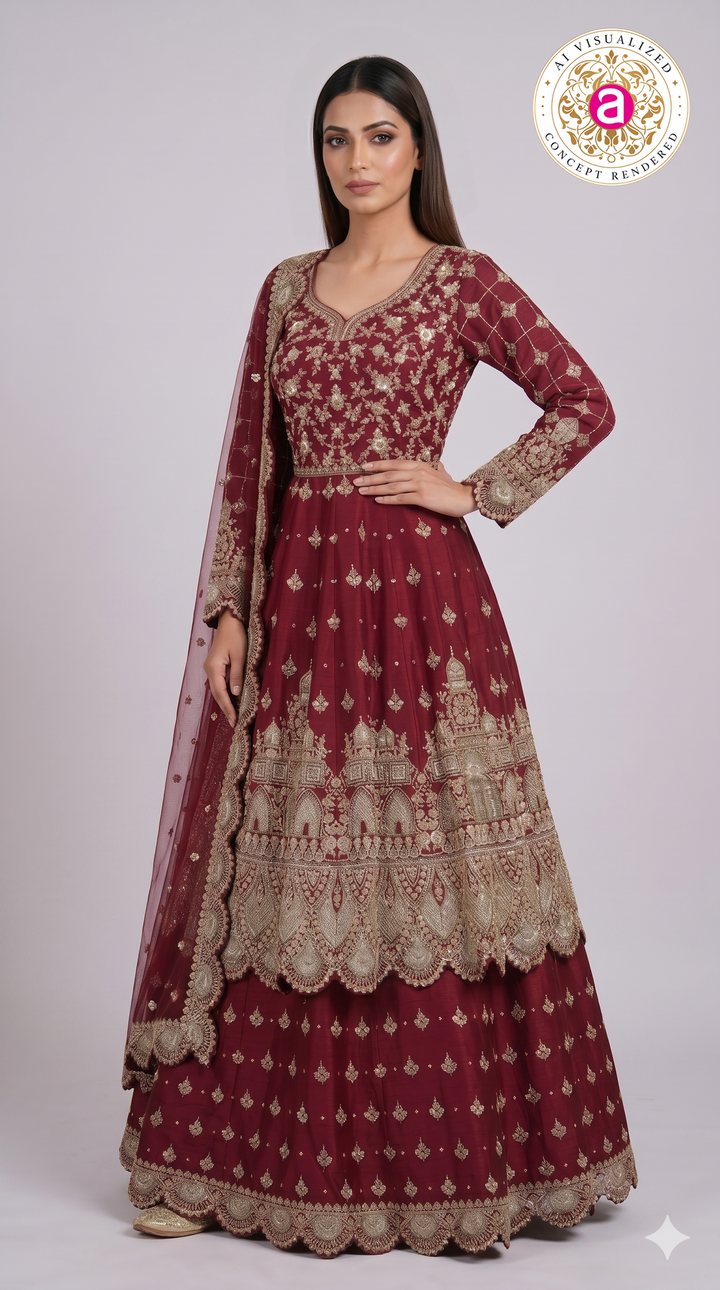 Wine Maroon Embroidered Anarkali Gown Set with Net Dupatta