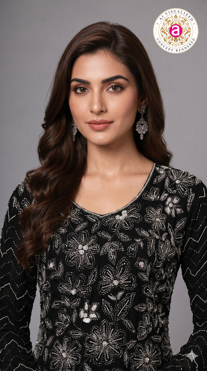 Black Embroidered Kurta Sharara Set