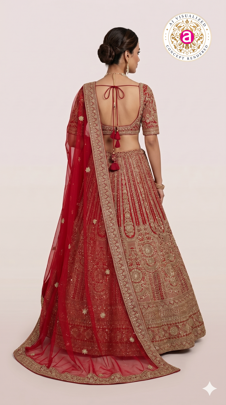 Bridal Red Zari Embroidered Lehenga Choli with Heritage Motifs & Dupatta