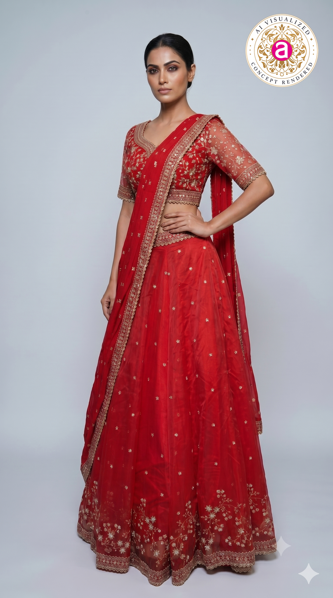 Ruby Red Embroidered Lehenga Choli Set with  Dupatta